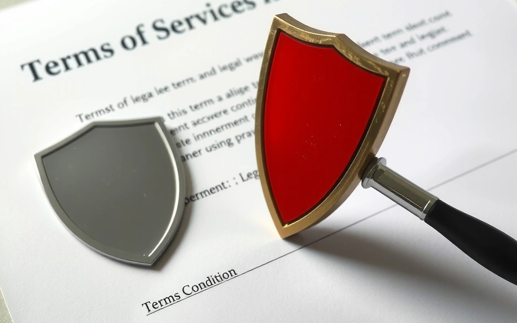 A shield icon symbolizing protection and disclaimer, with a blurry background of legal documents.