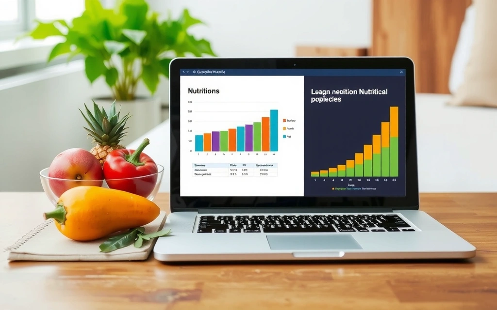 Laptop with nutritional data and healthy food items on a desk, symbolizing intellectual property and digital content.